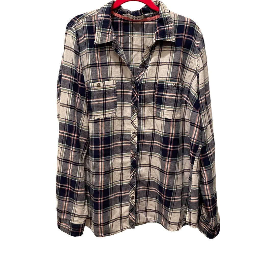 Maurices Plaid Cotton Long Sleeve Button Down with 3/4 Tab Sleeves